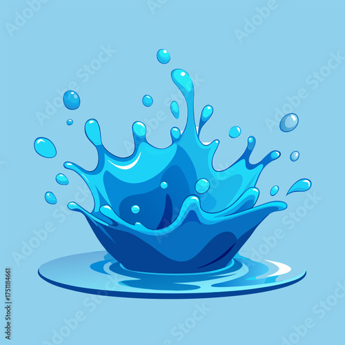 Blue water splash isolated on white background with waves and bubbles