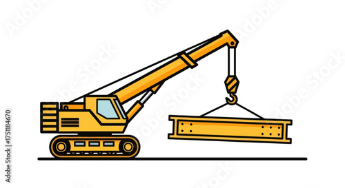 Yellow Crawler Crane Lifting Steel Beam Illustration.