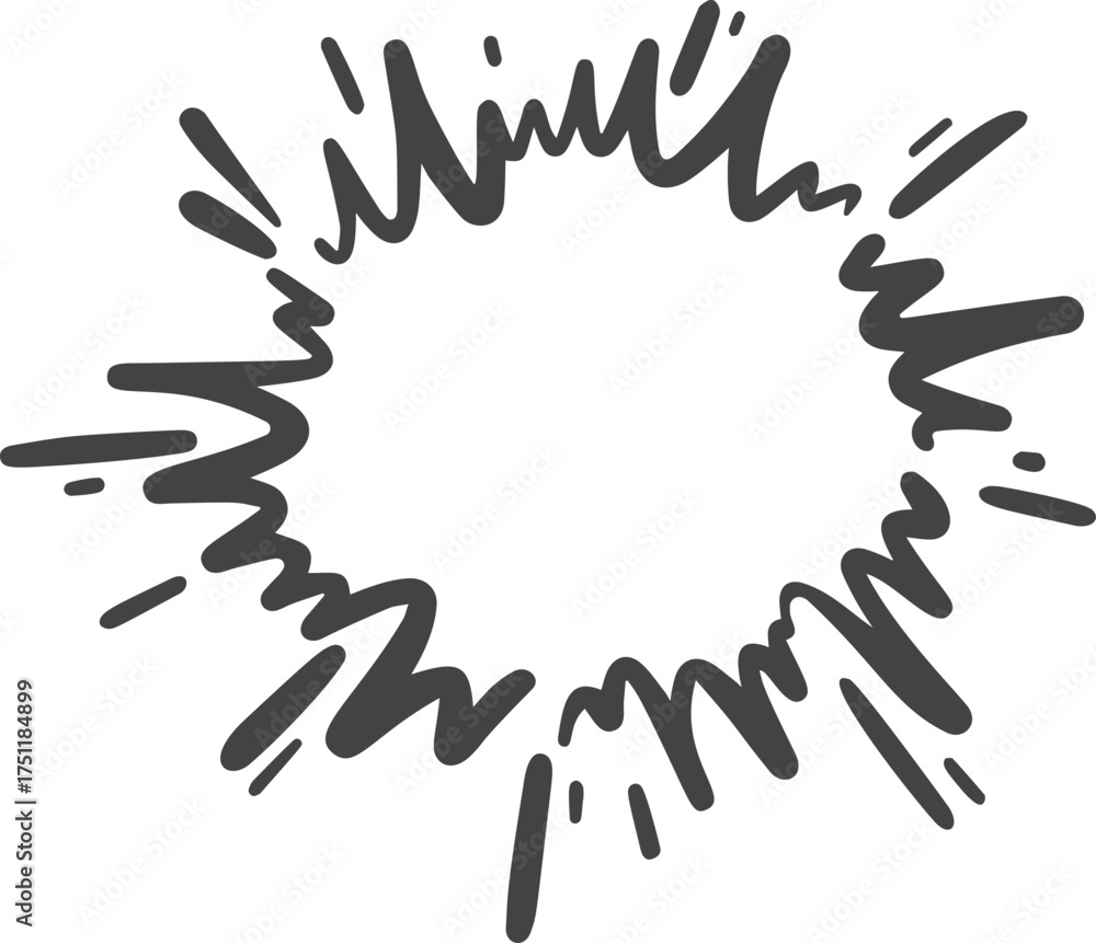 Fototapeta premium Comic burst and sped lines effect. Hand-drawn boom with splashes. Cartoon graphic sparks and smoke. Action circle frame with shine and starburst.