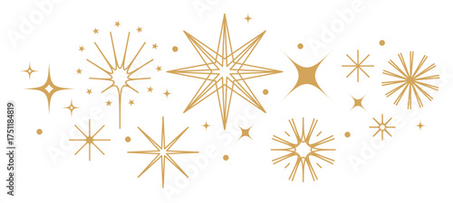 Christmas ornament. Set of golden retro stars, sparkles and gold snow particles. Mid-century geometric style festive decoration elements isolated on transparent background.