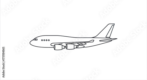Airplane Line Art: Commercial Jet with Engines and Windows.