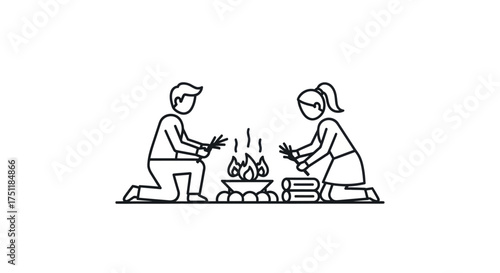 A man and woman kneeling by a ceremonial fire a simple black and white line art icon.