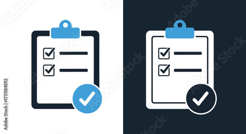 Checklist clipboard icon with blue checkmark for task completion and surveys - Line and glyph solid icon and logo templete