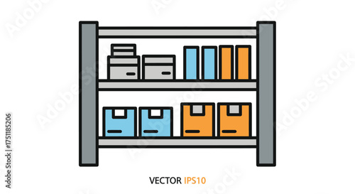 Illustrated two-tier storage shelf with colorful boxes and files icon.