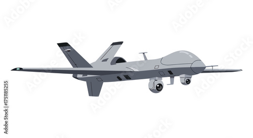 A detailed illustration of a modern military drone aircraft with wings and landing gear.