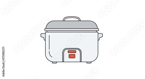 A simple line art illustration of a white electric rice cooker with a grey lid.