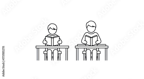 Simple Line Art of Students Reading Books at Desks.
