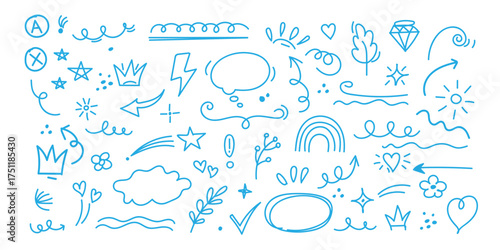  Line cute element set. Hand-drawn sketch doodle style arrow, cloud, star with marker stroke pencil highlight. Doodle sketch heart, star, cloud cartoon sticker shapes