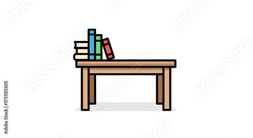 Wooden Table with Stack of Colorful Books Simple Illustration.