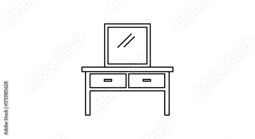 Simple Line Drawing of a Wooden Dressing Table with Mirror and Drawers.