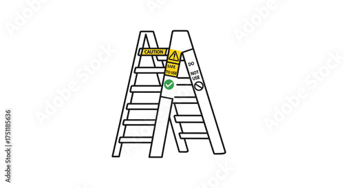 A-frame ladder with safety warning labels and instructions.