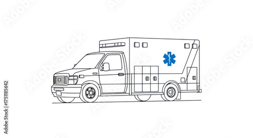 Line Art Drawing of an Emergency Ambulance with Blue Star of Life Symbol.