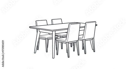 Black and white line art sketch of a modern dining table with four chairs.