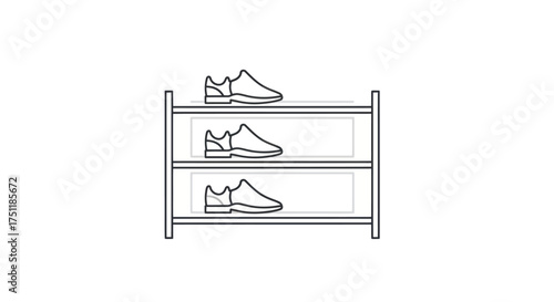 Shoe Rack with Three Pairs of Sneakers Minimalist Line Art Illustration.