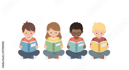 Four Diverse Children Sitting and Reading Books Illustrated.
