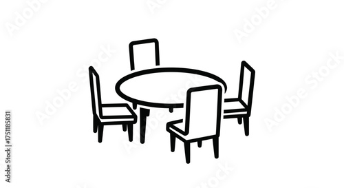 Simple Oval Table with Four Chairs in Black and White Outline.