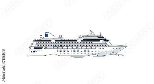 A detailed black and white line drawing illustration of a large passenger cruise ship sailing at sea.