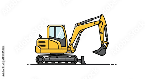 Yellow Cartoon Excavator with Tracks and Digging Bucket Illustration.