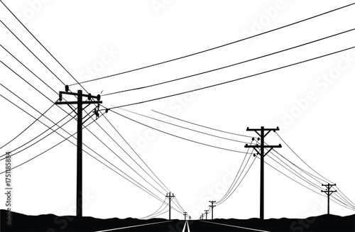 Utility, pole, power line, electricity, distribution, infrastructure, silhouette, outdoor, network, energy, grid, urban, perspective, depth, vanishing point, 