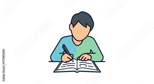 Young boy diligently writing in an open book with a pen.