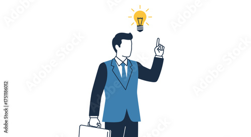 Businessman with a Bright Idea Holding Briefcase and Pointing Upwards.