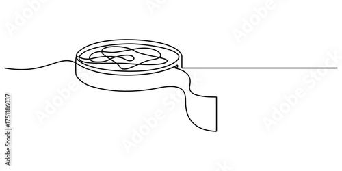 One continuous line drawing of film reel with long tape. Continuous one line drawing cinema film . Retro old movie and cinema roll in simple linear style. Vintage video filmstrip in editable stroke
