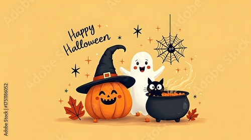 Retro Cute Happy Halloween Witch Elements Set