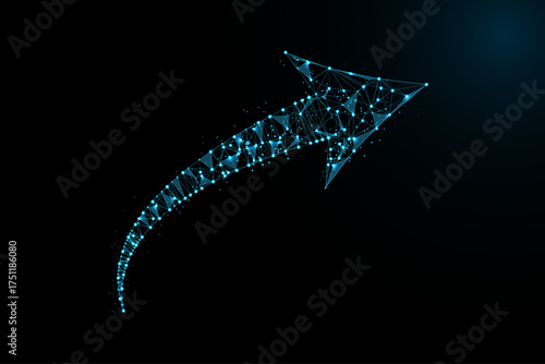 A polygonal wireframe arrow ascends diagonally from the lower left toward the upper right, representing growth and success.