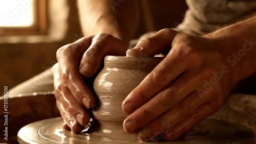 Cinematic Potter at Work – Hands Shaping Spinning Clay on Wheel, Warm Rustic Lighting, Detailed Textures, and Ultra-Realistic 4K Macro Scene