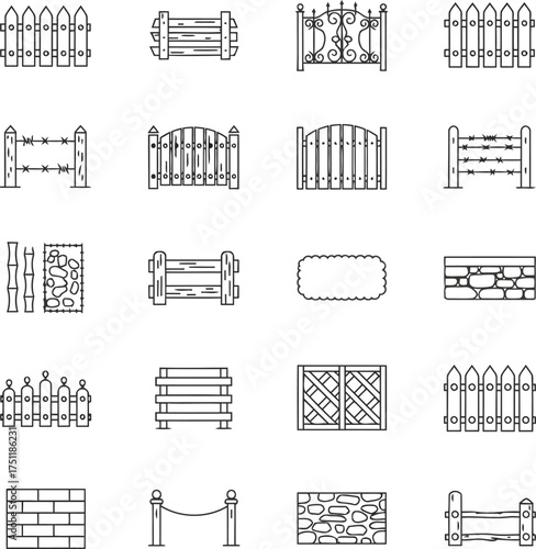 Fence Line Art Vector Set – Collection of Different Fence and Gate Designs Includes wooden, metal, wire, garden, and decorative fences with clean outlines, isolated on a white background.