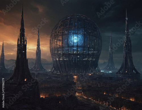Expansive view of orbital cage in dystopian megastructure world for science fiction illustrations or futuristic design projects with detailed mechanical structures