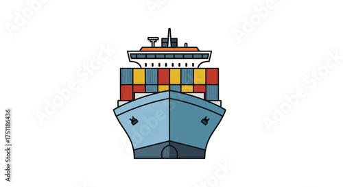 Front view of a large blue cargo ship loaded with colorful shipping containers.