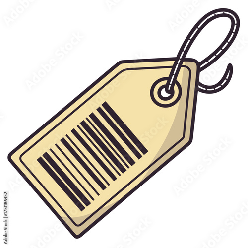 Illustration of a beige price tag with a barcode and string loop for attaching to merchandise items