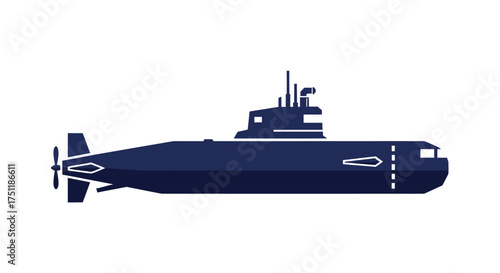 Dark Blue Military Submarine Vessel with Periscope and Propeller.