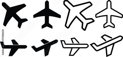 vector illustration of a silhouette of minimalist airplane icons isolated on white background.