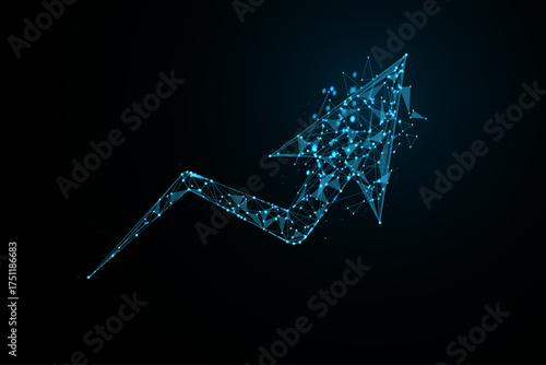 A polygonal wireframe arrow ascends diagonally from the lower left toward the upper right, representing growth and success.