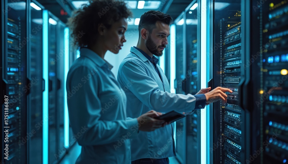 Fototapeta premium Diverse male and female engineers check server racks in data center. Technicians collaborate using tablet near rows of computers. Teamwork in IT infrastructure.
