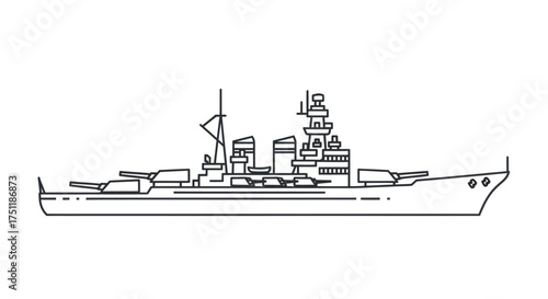 Detailed Line Drawing of a Large Battleship with Multiple Gun Turrets.
