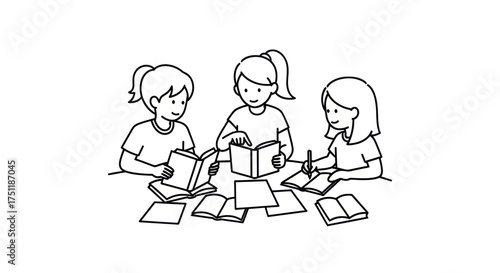 Three Students Studying Together with Books and Papers.