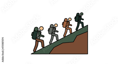 Group of hikers with backpacks ascending a steep green mountain slope.