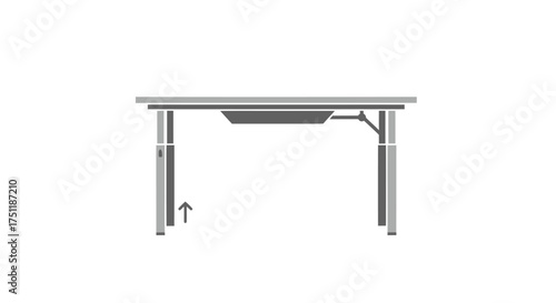 Minimalist line drawing of a modern office desk with adjustable height legs.
