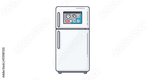 Modern white two-door smart refrigerator with a digital touchscreen display.