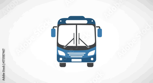 Front view of a modern blue passenger bus with headlights on.