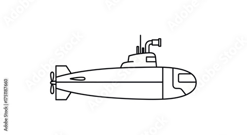 Sleek outline drawing of a modern military submarine with periscope and propeller.