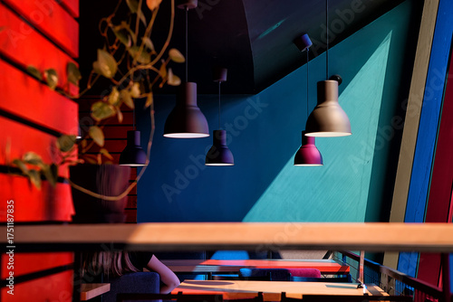 Modern Colorful Cafe Interior with Hanging Lamps and Geometric Light Shadows. Contemporary Urban Design, Cozy Restaurant Atmosphere.  Creative Lighting and Vibrant Architectural Details