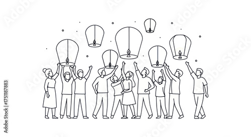 Black and white line art illustration of a group of people releasing floating sky lanterns.