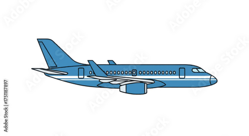 Blue Airplane Illustration with White Stripes and Windows.