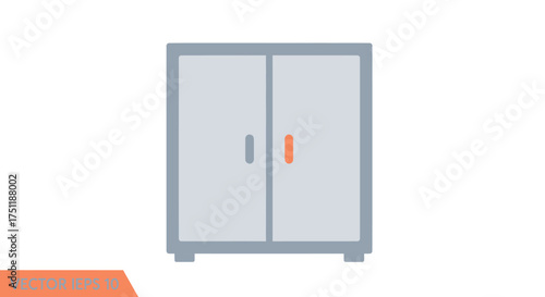 Simple grey two-door storage cabinet with a contrasting orange handle.
