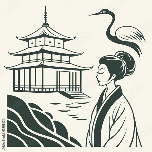 Elegant monochrome vector illustration of a traditional Japanese pagoda, crane bird, and geisha in serene nature setting