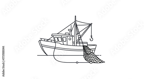 Line drawing of a fishing boat with net.